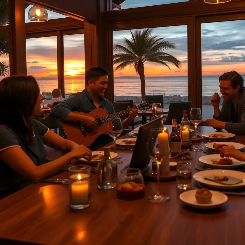 A cozy restaurant during sunset, with friends sharing laughter over dinner. Background music features a Spanish guitarist and percussionist, creating a vibrant yet relaxing atmosphere. The scene includes beach views through large windows, enhancing the chill vibe.