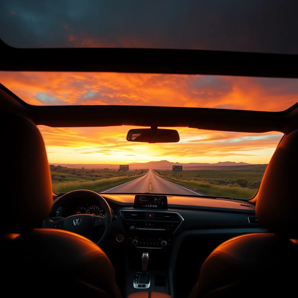 An open road winding through scenic landscapes at sunset, viewed from the perspective of an in-car dashboard camera. The sky displays vibrant hues of orange, pink, and purple, creating a dreamlike atmosphere. The car’s interior is modern and sleek, with visible textures of leather seats and a high-tech dashboard. Soft backlighting highlights the interior details, adding to the cozy ambiance. The color palette outside the car features natural greens of rolling hills and distant mountains, with the road stretching out in cool grey asphalt. The road ahead is clear, emphasizing a sense of freedom and adventure. The background includes hints of distant trees and a serene, open landscape. Photorealistic quality, 8K resolution, capturing every detail from the reflective surfaces of the car to the gradient of the sunset sky. The style references the cinematic composition of Gregory Crewdson’s narrative-driven imagery.