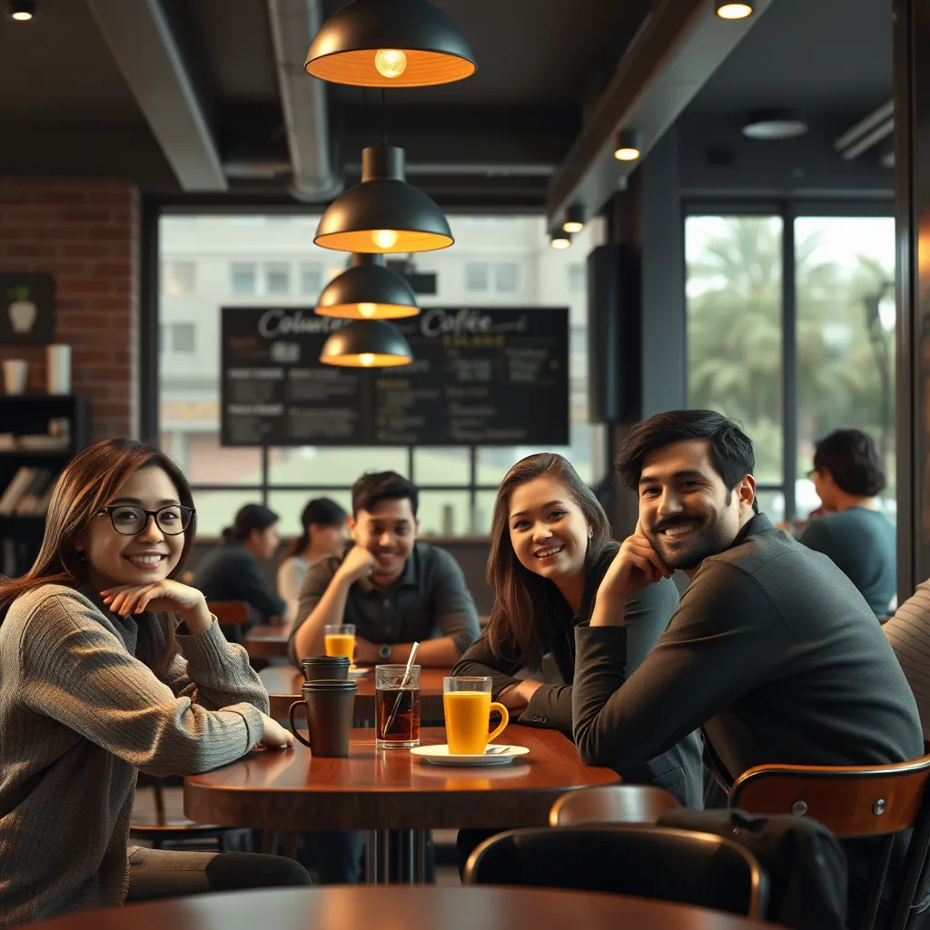 A modern coffee shop interior during the day with large windows letting in plenty of natural light. Customers are seen sipping coffee, reading books, and chatting. Soft instrumental music plays from a sleek, minimalist sound system on a wooden shelf. The color palette includes warm browns, creamy whites, and hints of green from indoor plants. The camera is positioned at eye level, offering a wide-angle view of the café. The barista is seen in action, crafting a latte at the counter. Textures feature smooth polished wood, ceramic mugs, and steel coffee machines. The environment includes cozy seating arrangements, with plush cushions and wooden chairs. The mood is relaxed and inviting, perfect for casual conversations or solo unwinding. Ultra-high definition, 8K resolution, with a hyperrealistic style similar to Annie Leibovitz's attention to light and composition.