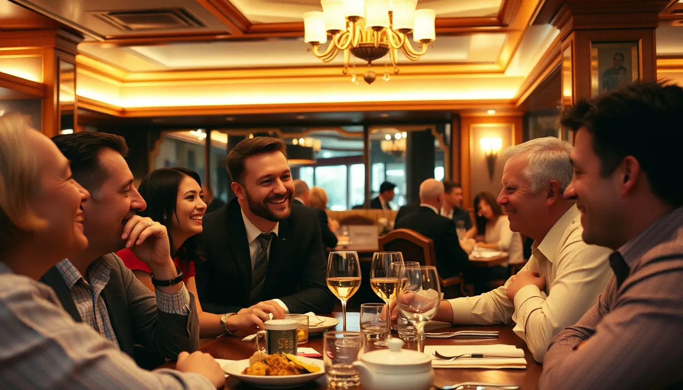 A cozy, intimate restaurant during the evening with patrons enjoying their meals. Soft diffused lighting casts a warm, inviting glow over wooden tables set with elegant tableware. In the background, a live guitarist plays a Spanish guitar, with visible textures of the smooth polished wood and strings. The color palette features warm earthy tones—rich browns, deep reds, and soft golds. Camera angle from a slight elevation, capturing the entire scene with a focus on the musician and the diners. The ambiance feels relaxed and cheerful, with subtle decorations like potted plants and candles enhancing the atmosphere. The tile floor and wooden beams of the ceiling add to the rustic charm. Hyperrealistic, 8K resolution image, capturing every minute detail and texture. The style references the photojournalism of Steve McCurry for its rich detail and vibrant storytelling.