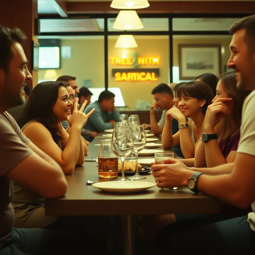 A cozy, modern coffee shop interior with warm lighting, wooden tables, and comfortable seating. Patrons are sipping coffee and chatting, while soft, relaxing instrumental music plays in the background. A barista is preparing coffee at the counter.
